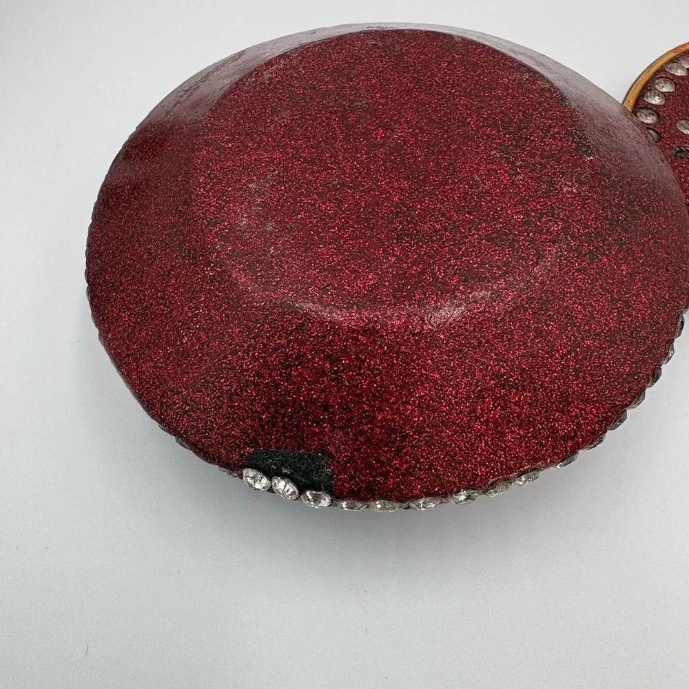 Burgundy Enamel Trinket Ring Box Metallic Fleck Finish Rhinestones Inlaid Hearts